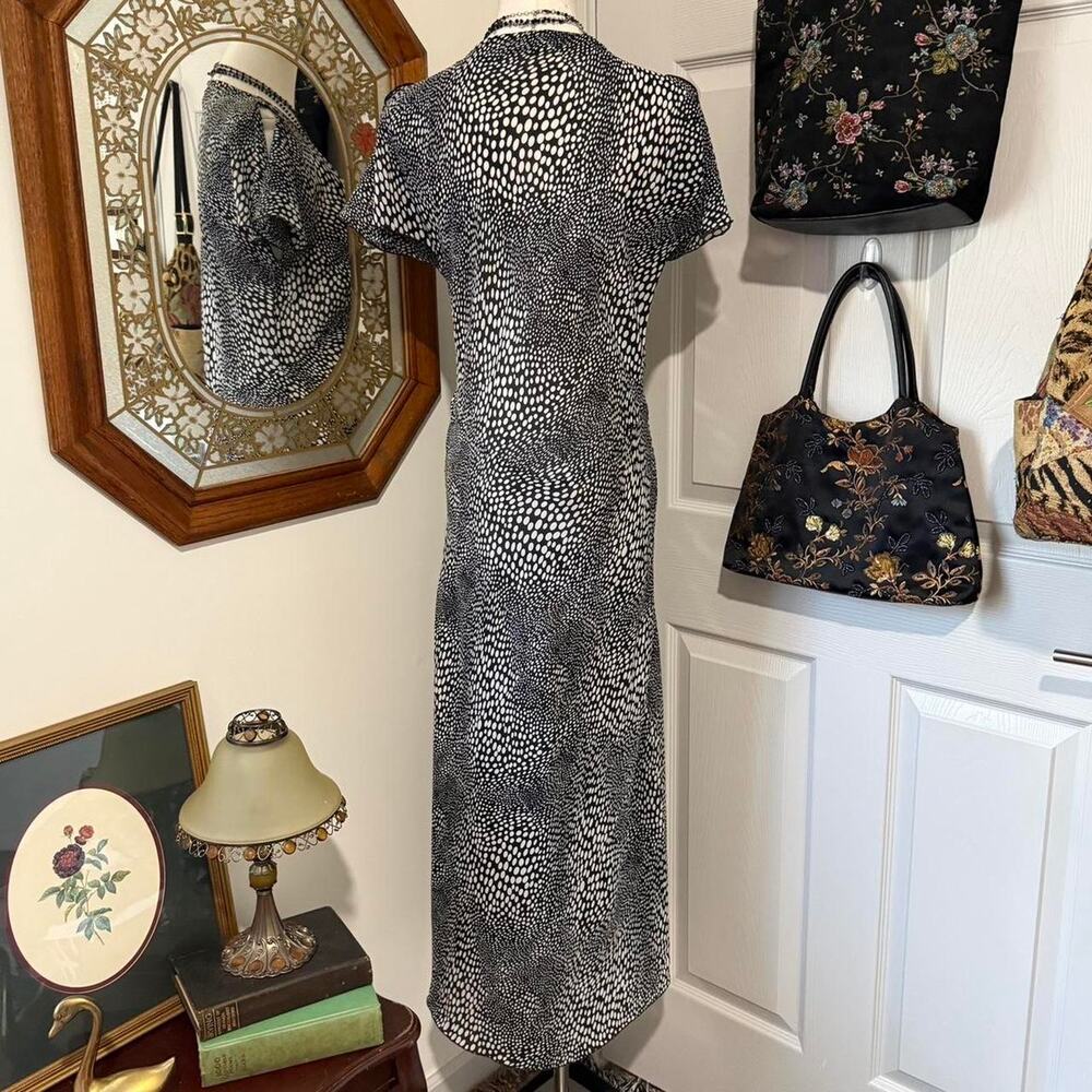 VTG Y2K Lapis Sheer Black & White Dotted Animal Print Flutter Sleeve Midi Dress - Picture 5 of 8